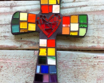 Mosaic MultiColored Cross with Heart in Center- small