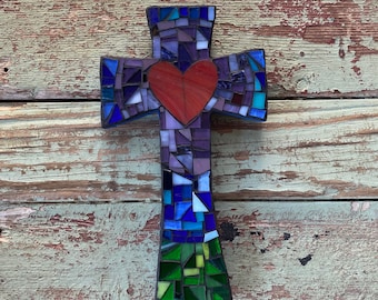 Medium Mosaic cross with heart- purples, blues, greens