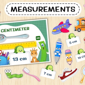 Puede incluir: Un gráfico educativo colorido con la palabra "MEASUREMENTS" en la parte superior. El gráfico presenta una regla, una cuchara, un cepillo de dientes, un lápiz, un bolígrafo, una jirafa, un pepino, un autobús escolar, un automóvil, un zapato, un espejo, un gusano y una variedad de otros objetos. Cada objeto está etiquetado con su medida en centímetros.