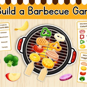 May include: A colorful illustration of a barbecue game with various food items. The image features a grill, skewers with grilled vegetables and meats, and menu cards with food options like chicken, ham, and vegetables. The text "Build a Barbecue Game" is at the top.