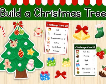 May include: A festive Christmas-themed game with a green tree, ornaments, and challenge cards. The image includes a candy cane, gifts, and a snowman. The text reads "Build a Christmas Tree".