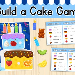 Pode incluir: Um colorido "Build a Cake Game" com pedaços de bolo, velas e cartões de menu. O jogo apresenta camadas de bolo, coberturas como cerejas e morangos e vários doces. O texto "Build a Cake Game" está no topo.