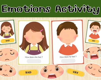 May include: An educational activity for children to learn about emotions. The activity features images of children with different facial expressions and words describing the emotions: sad and cry.
