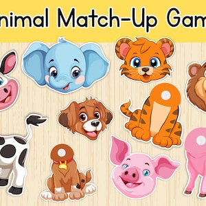 Op de afbeelding: Een kleurrijk kinderspel met de tekst "Animal Match-Up Game". Het spel bevat cartoon illustraties van een koe, olifant, tijger, beer, hond, varken en andere dieren. Elk dier heeft een bijpassend stuk.