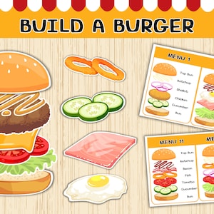 Op de afbeelding: Een printbaar educatief spel voor kinderen om te leren over het maken van een hamburger. Het spel bevat vier verschillende hamburgermenu's met verschillende ingrediënten, zoals ketchup, sla, tomaat, ui en kaas. Het spel bevat ook een visuele weergave van een hamburger met alle ingrediënten.