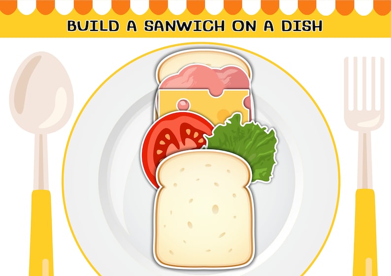 May include: A white plate with a sandwich on it. The sandwich is made with two slices of bread, a slice of cheese, a slice of tomato, and a lettuce leaf. The plate is on a white background with a yellow spoon and fork on either side.