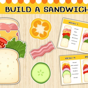 Puede incluir: Un juego educativo imprimible para niños para aprender a hacer sándwiches. El juego incluye cuatro menús de sándwiches diferentes con varios ingredientes como pan, jamón, queso, tomate, ketchup, lechuga, pimiento, huevo y chalota. El juego también incluye imágenes de los ingredientes para ayudar a los niños a visualizar los sándwiches.