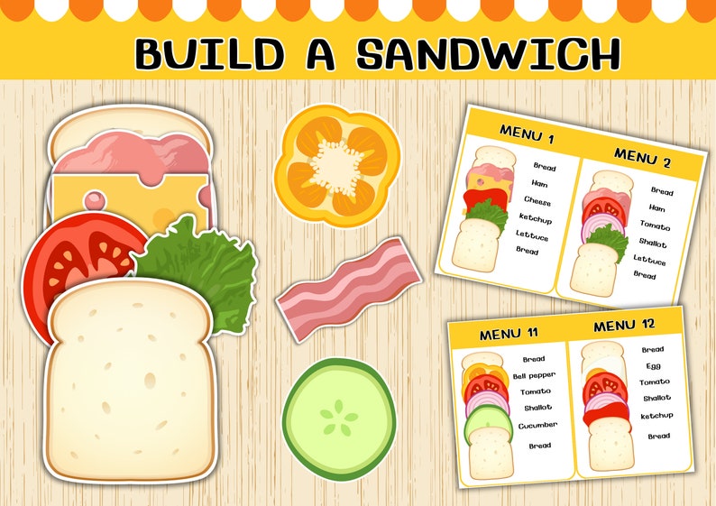 May include: A printable educational game for kids to learn about making sandwiches. The game includes four different sandwich menus with various ingredients like bread, ham, cheese, tomato, ketchup, lettuce, bell pepper, egg, and shallot. The game also includes images of the ingredients to help kids visualize the sandwiches.