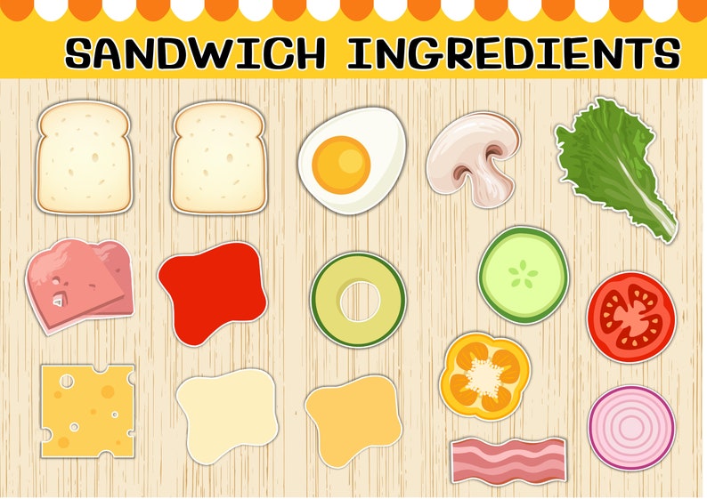 May include: A set of colorful cartoon images of sandwich ingredients, including bread, ham, cheese, lettuce, tomato, onion, avocado, cucumber, bell pepper, mushroom, egg, and bacon.  The images are on a wood-grain background with the text "SANDWICH INGREDIENTS" at the top.