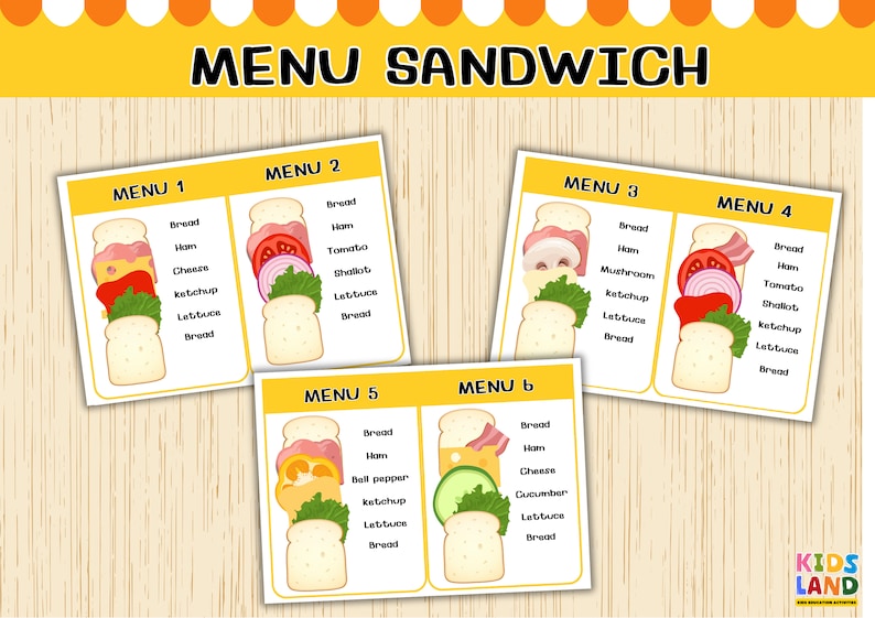 May include: A colorful printable menu for a sandwich shop with six different sandwich options. Each option lists the ingredients in order from bottom to top, including bread, ham, cheese, tomato, onion, lettuce, ketchup, and mushroom.