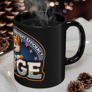May include: Black coffee mug with a cartoon dog and the text "Government Efficiency" and "GE" in a blue, white, and red design.