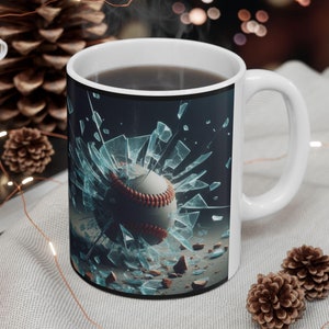 BASEBALL Mug: Home Run Breaking Glass, Funny Ceramic Coffee Cup, 11oz, 15oz Options, Sports Gift for Fans & Players