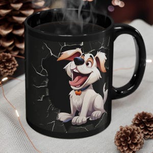 CUTE CARTOON DOG, All Black Ceramic Coffee Mug, Perfect Gift for Dog Lovers, 11 oz & 15 oz