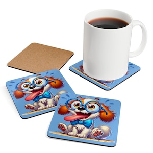 CARTOON DOG Corkwood Coaster Set of Four, One size, Colorful Cute Dog Coaster Set Gift, Dog Lover Gift