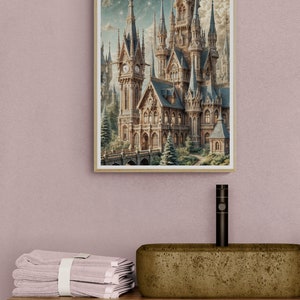 Majestic Fantasy Castle Rolled Poster | Intricate Spires & Clock Towers Under Starry Night Sky | Lush Greenery Decor image 6