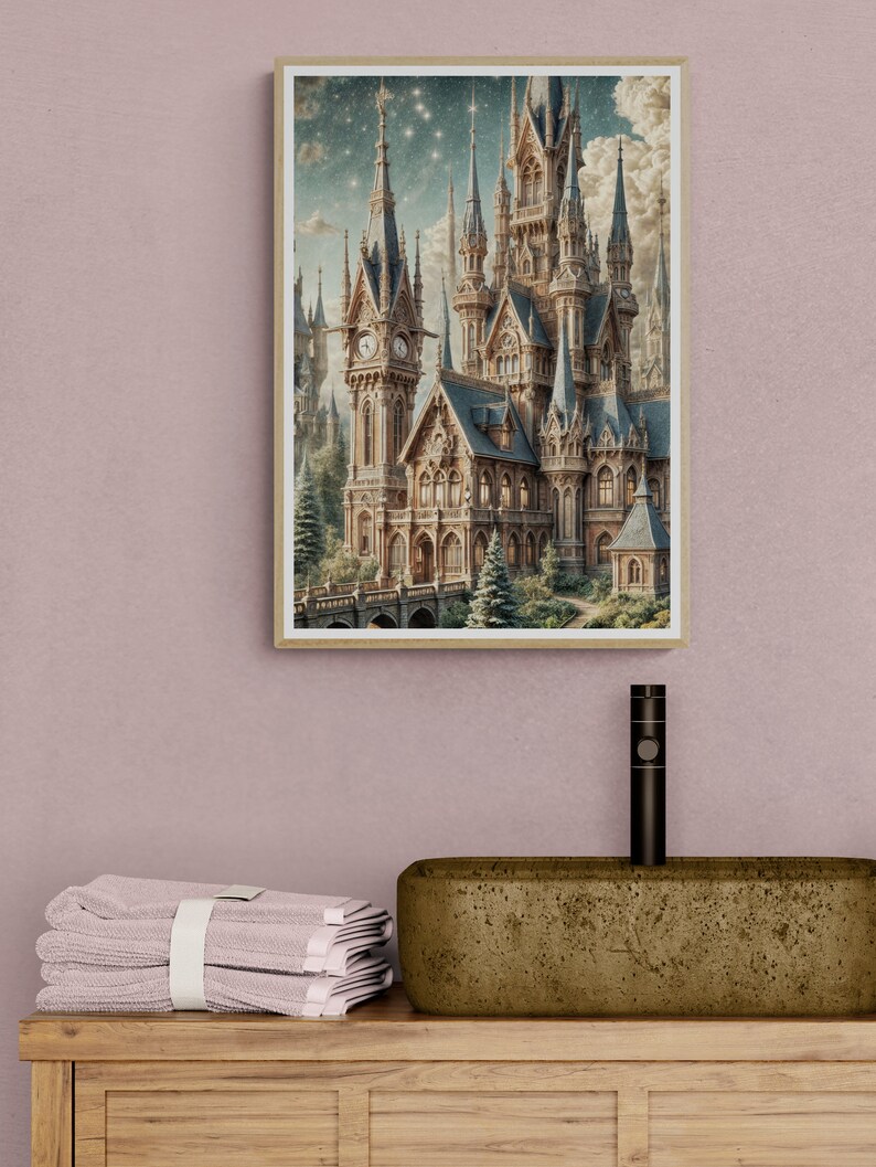 Majestic Fantasy Castle Rolled Poster | Intricate Spires & Clock Towers Under Starry Night Sky | Lush Greenery Decor image 6