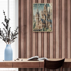 Majestic Fantasy Castle Rolled Poster | Intricate Spires & Clock Towers Under Starry Night Sky | Lush Greenery Decor image 8