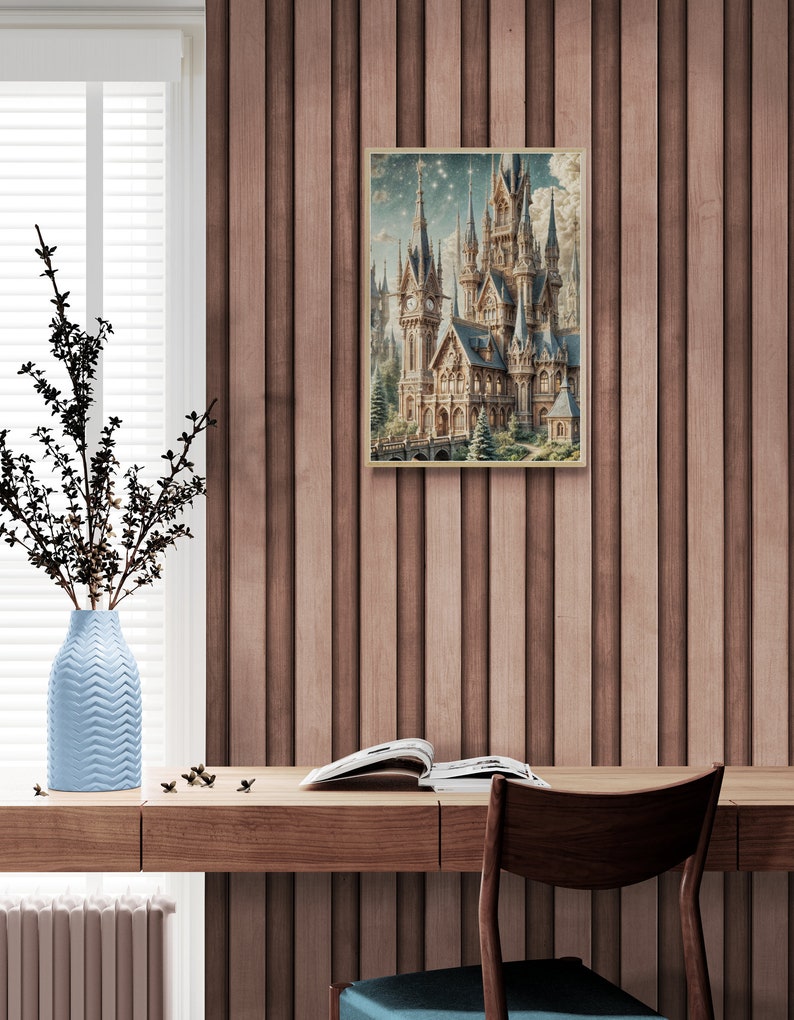 Majestic Fantasy Castle Rolled Poster | Intricate Spires & Clock Towers Under Starry Night Sky | Lush Greenery Decor image 8