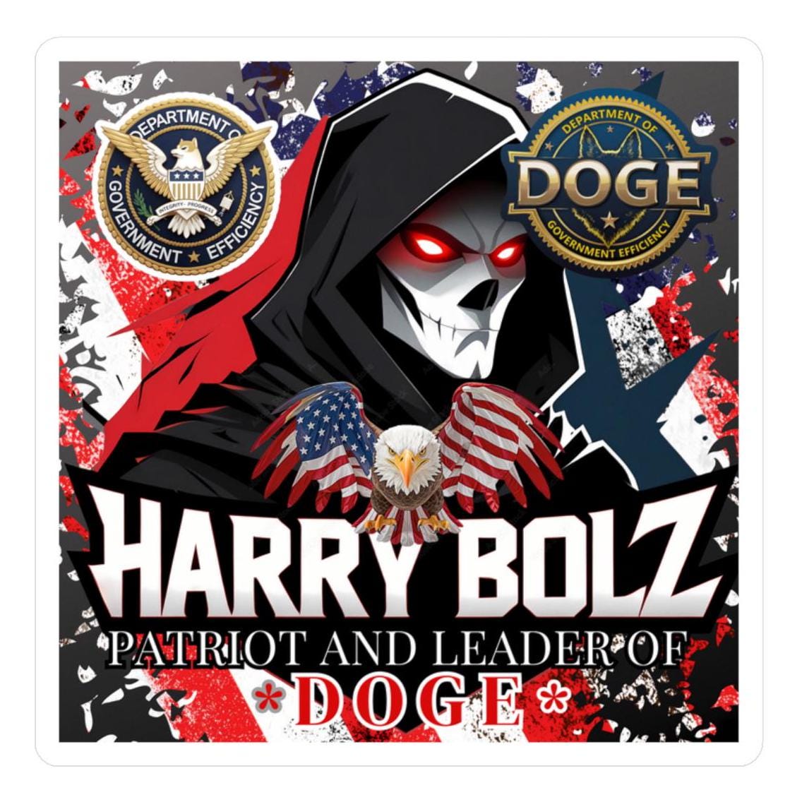 HARRY BOLZ Patriot And Leader Of DOGE | Fun Gift For Friends & Office |  Kiss-Cut White Vinyl Decal | 3 Sizes