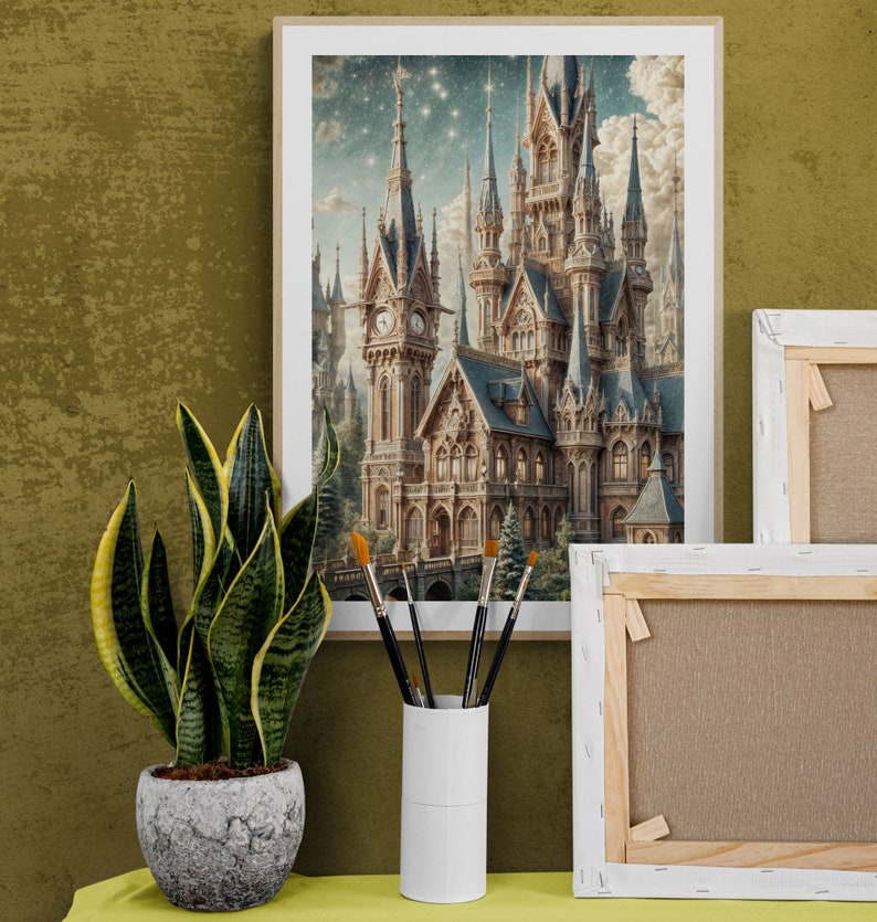 Majestic Fantasy Castle Rolled Poster | Intricate Spires & Clock Towers Under Starry Night Sky | Lush Greenery Decor image 5