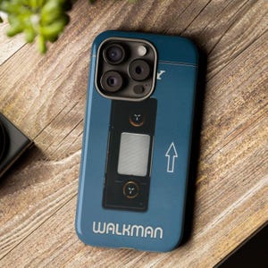 May include: A blue phone case with a retro cassette tape design. The case features the text "WALKMAN" and a white arrow pointing upwards.