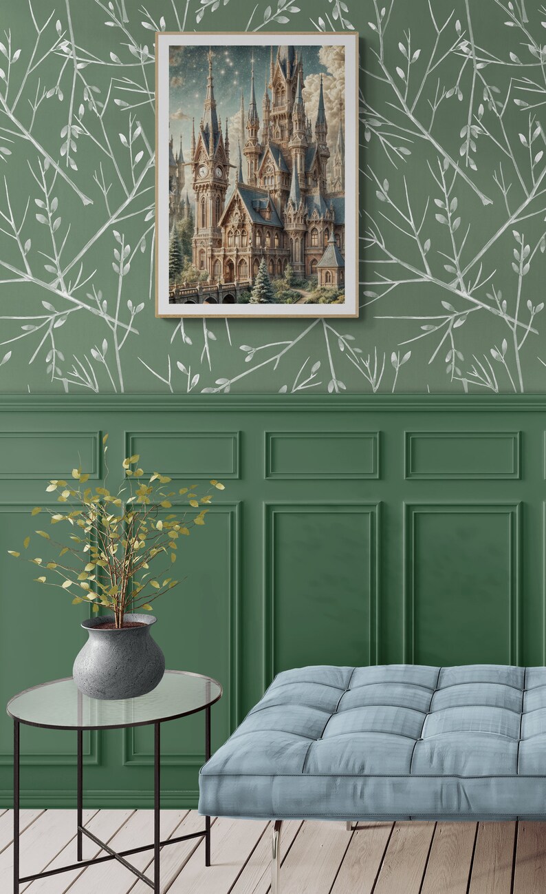 Majestic Fantasy Castle Rolled Poster | Intricate Spires & Clock Towers Under Starry Night Sky | Lush Greenery Decor image 3