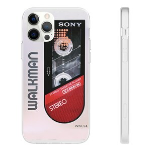 May include: A clear phone case with a vintage cassette tape design. The case features the words "WALKMAN" and "SONY" along with the text "STEREO CASSETTE PLAYER" and "DOLBY NR".