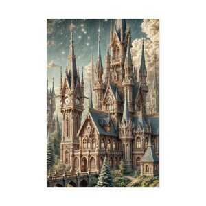 Majestic Fantasy Castle Rolled Poster | Intricate Spires & Clock Towers Under Starry Night Sky | Lush Greenery Decor image 2