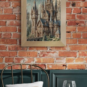 Majestic Fantasy Castle Rolled Poster | Intricate Spires & Clock Towers Under Starry Night Sky | Lush Greenery Decor image 4