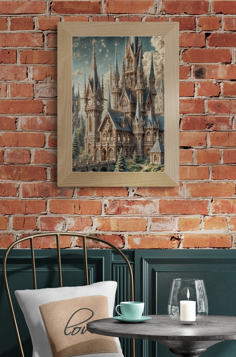Majestic Fantasy Castle Rolled Poster | Intricate Spires & Clock Towers Under Starry Night Sky | Lush Greenery Decor image 4