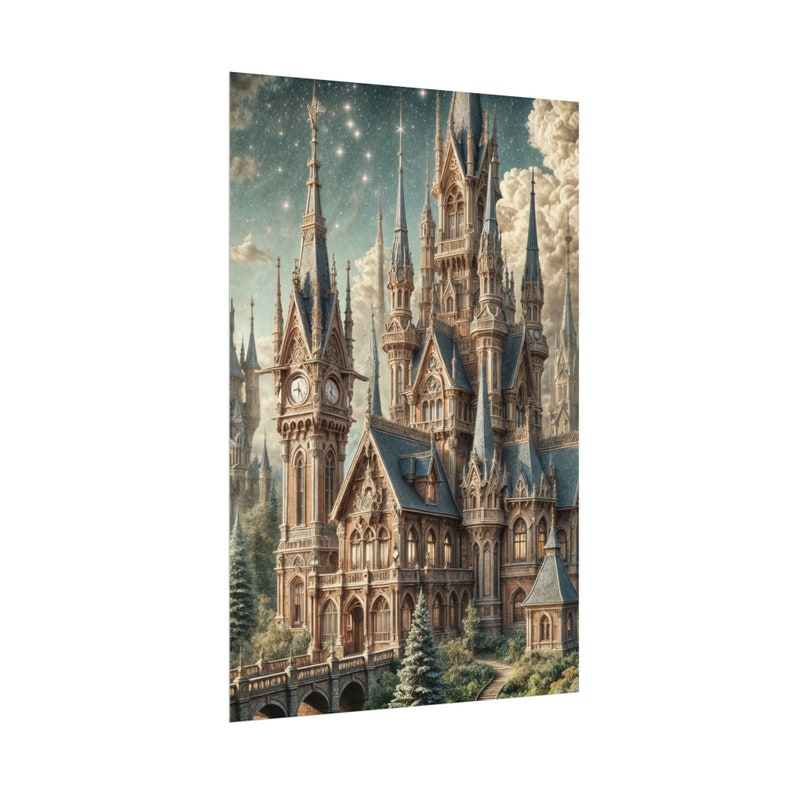 Majestic Fantasy Castle Rolled Poster | Intricate Spires & Clock Towers Under Starry Night Sky | Lush Greenery Decor image 1