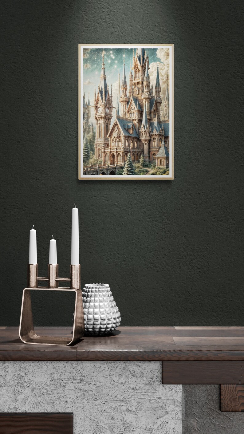 Majestic Fantasy Castle Rolled Poster | Intricate Spires & Clock Towers Under Starry Night Sky | Lush Greenery Decor image 7