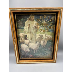 Vtg Jesus Lord is My Shepherd Sheep Framed Clock Wooden Frame Religious