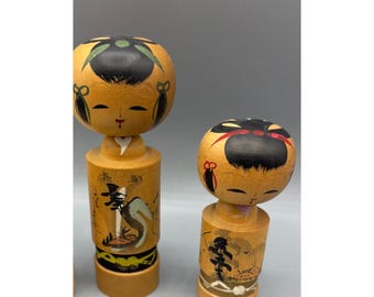 ヴィンテージ 手描き 日本製 こけし人形 木製人形 2体セット 9インチ 