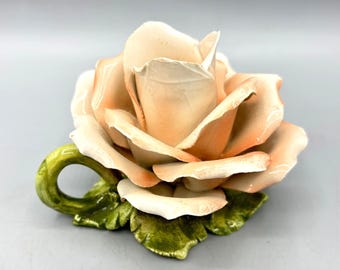 Vtg italy Ceramic Rose Flower Candle Holder w/ Handle