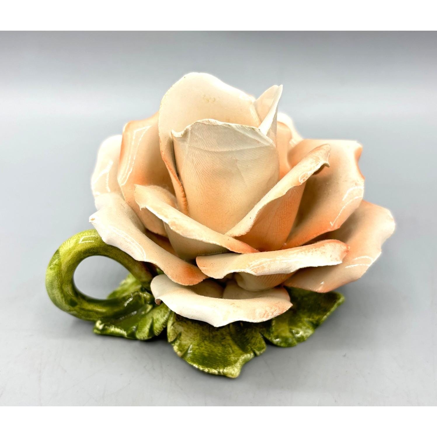 Vtg Italy Ceramic Rose Flower Taper Candle Stick Holder W/ Handle