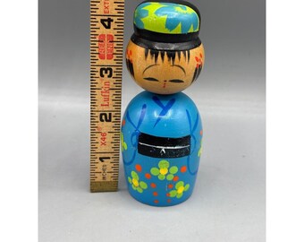 ヴィンテージこけし人形鉛筆削り 手描き木製 ブルー フォークアート