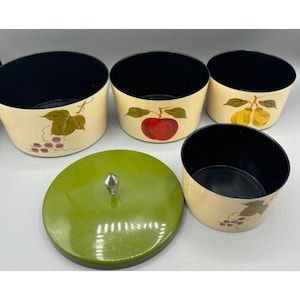 Vtg Set Nesting Bowls Canister Set Hand Painted Fruit Covered Dish Laquerware Retro Kitchen Decor Storage