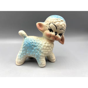 Vtg Ceramic Blue & White Lamb Figurine 50s Nursery