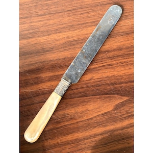 Op de afbeelding: Een antiek botermes met een roestvrijstalen lemmet en een crèmekleurig handvat. Het handvat is gemaakt van een lichtgekleurd materiaal en is met een decoratief zilverkleurig metalen stuk aan het lemmet bevestigd. Het mes ligt op een houten oppervlak.