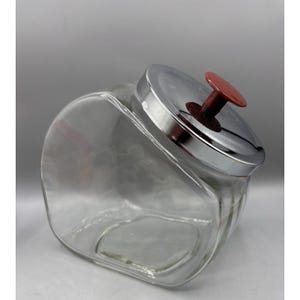 VTG Tilted Penny Candy Jar Glas Keksdose Chrom Deckel Roter Knopf Kanister Retro