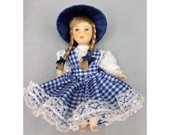 Vtg Dorothy Wizard of Oz Porcelain Doll Blue Gingham Dress Lace Braids