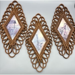 Set Of 3 Vtg Burwood Diamond Shaped Wicker Look Wall Art Rustic Farmhouse Scenes