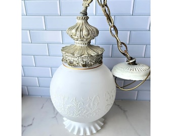 Vtg Moe Light Thomas Ruffle Frosted Glass Swag Pendant Lamp Embossed White