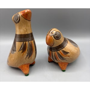 Vtg Tonala Mexican Folk Art Pottery Bird Hand Painted Set of 2