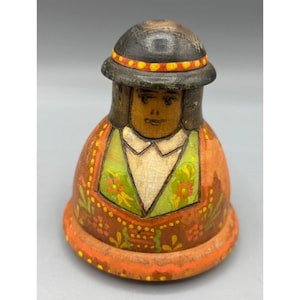 Vtg Hand Painted Wooden Inkwell Nesting Man with Hat