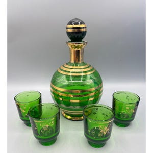 Vintage Green Gold Glass Decanter Set - Etsy