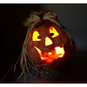 Vtg Ceramic Pumpkin Halloween Decoration Lighted Jack O Lantern Electric w Cord Fall