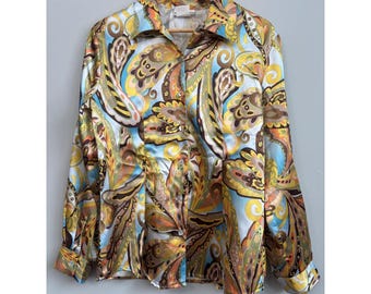 VTG Paris Sport Club Damen L Paisley Satin Button Up Shirt Blau Gelb Retro