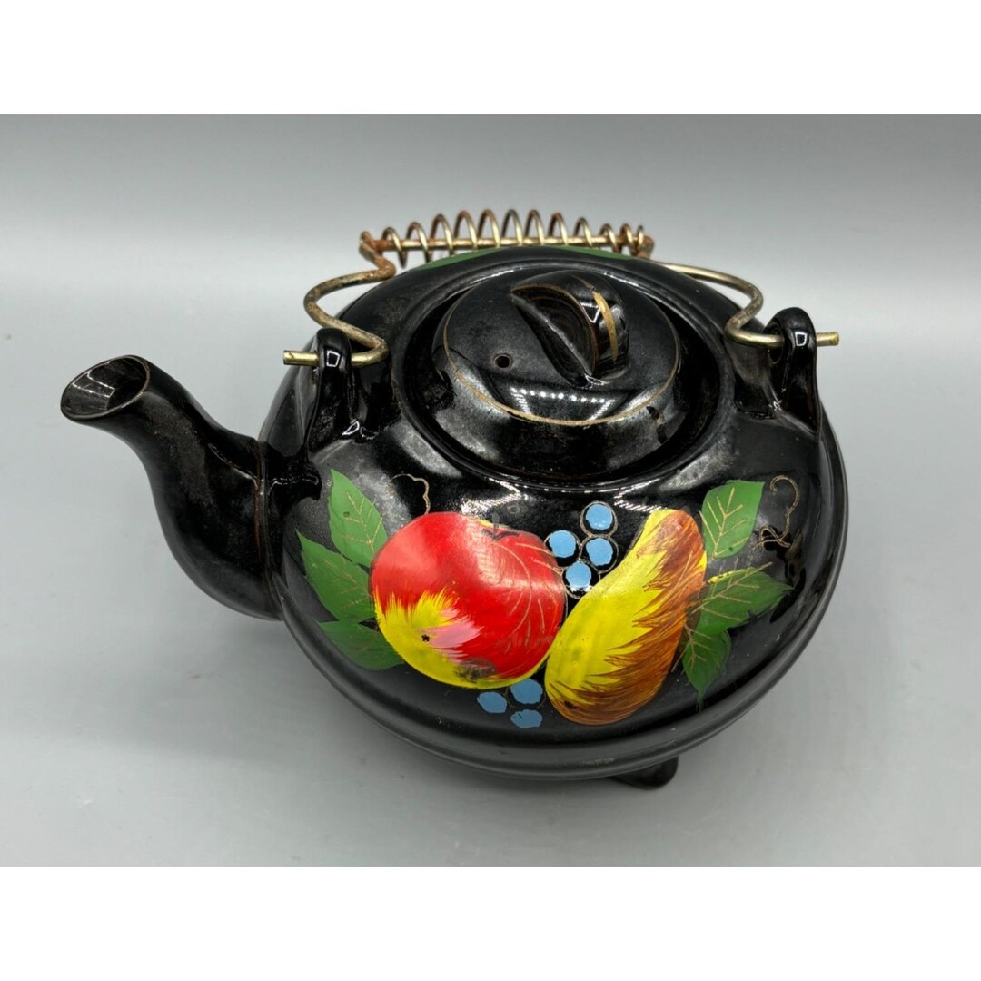 Vtg Wales Black Teapot With Hand Painted Fruit Design Coiled Metal